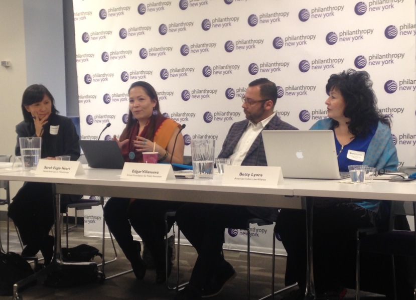 From left to right, moderator Patricia Eng, and panelists Sarah Eagle Heart, Edgar Villanueva, and Betty Lyons discuss post-election realities for indigenous populations, at an event held by Philanthropy New York on February 2. Photo by Clare Church
